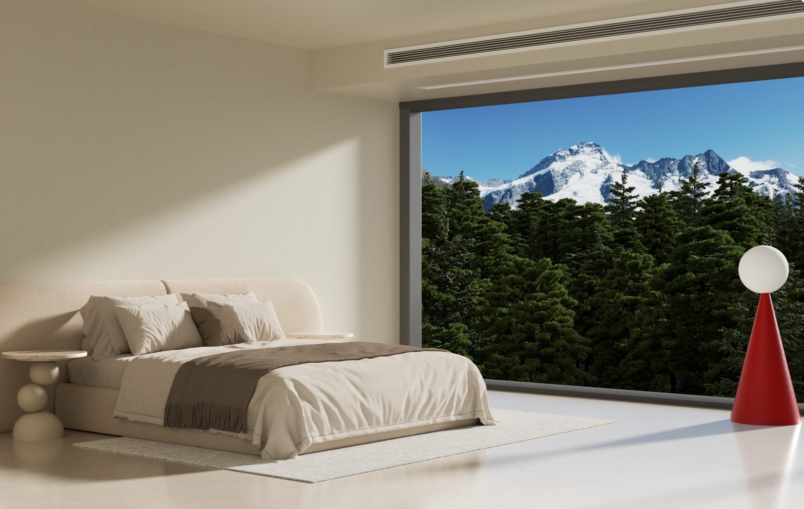 Bedroom with a large window onto a forest