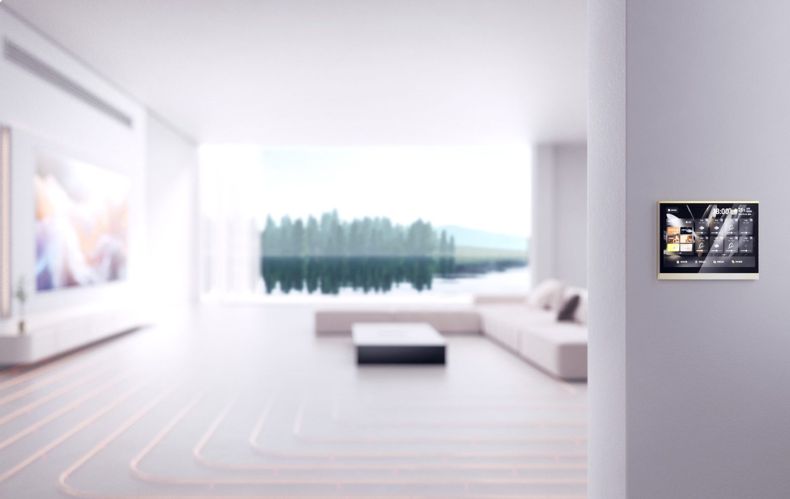 Living room with a wall panel controlling the climate system