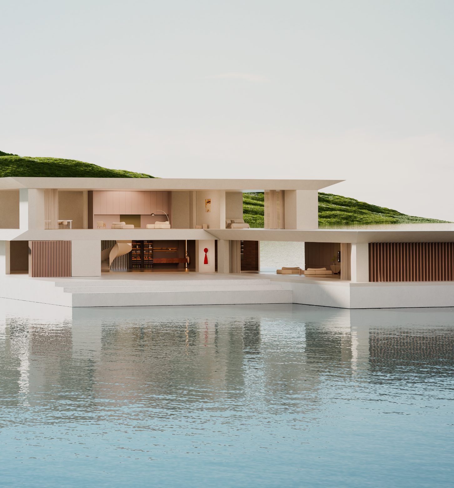 A white villa on still water